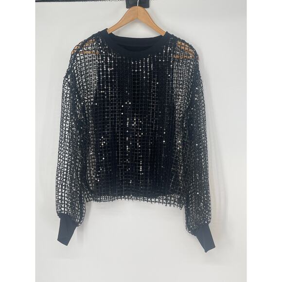 Pilcro Black Long-Sleeve Sequin Top Netting Sheer Tank Size XS Glam - Picture 4 of 8